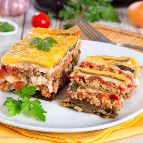 Греческая мусака с баклажанами и рисом